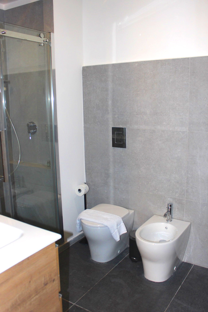 Bathroom with gray tiles, toilet and bidet